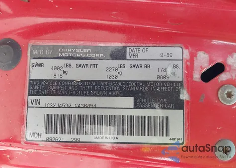 1990 Chrysler Lebaron из США, поврежденный, VIN 1C3XJ4530LG436854